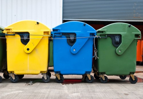Three large wheeled rubbish bins are positioned side by side on a concrete pavement, with the yellow bin on the left, the blue bin in the middle, and the green bin on the right. Each bin is made of durable plastic with a smooth, slightly reflective surface, and features a black lid handle and locking mechanism. The yellow bin appears clean and new, while the blue and green bins show signs of use, with minor scuffs and scratches. The bins are situated outdoors in front of a building with a metal cladding wall, partially visible behind the bins. The scene is evenly lit, suggesting daytime with natural light, and the overall environment hints at a commercial or residential waste collection area, consistent with rubbish removal services offered by Commercial Waste Addiscombe, serving the local postcode area near Croydon, South London.